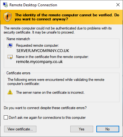 Windows certificate warning showing that the name of the server doesn't match the name of the certificate,