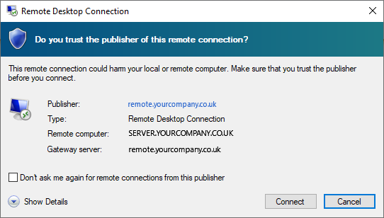 Sample RDP Connection security window